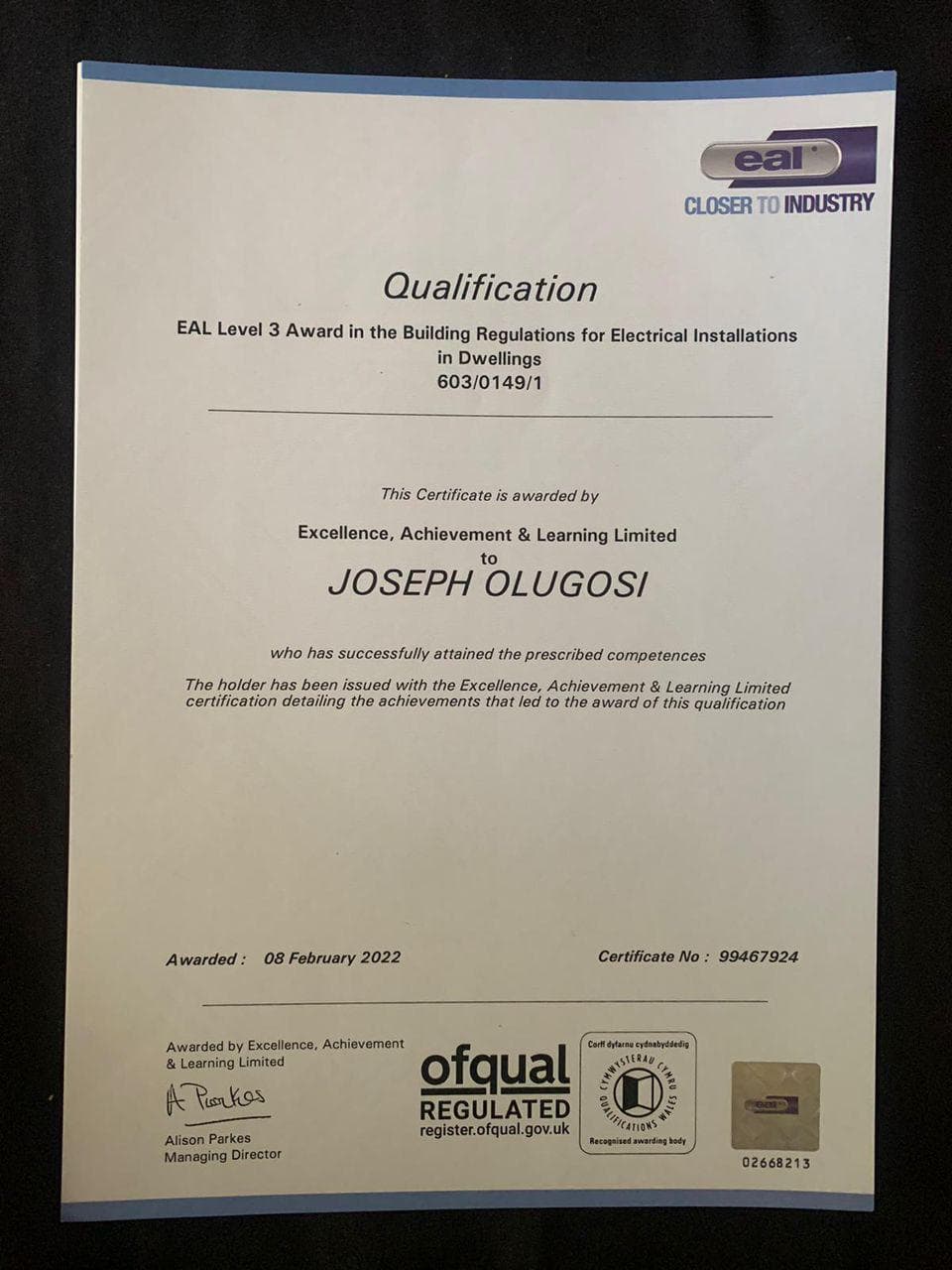 Qualification certificate 6