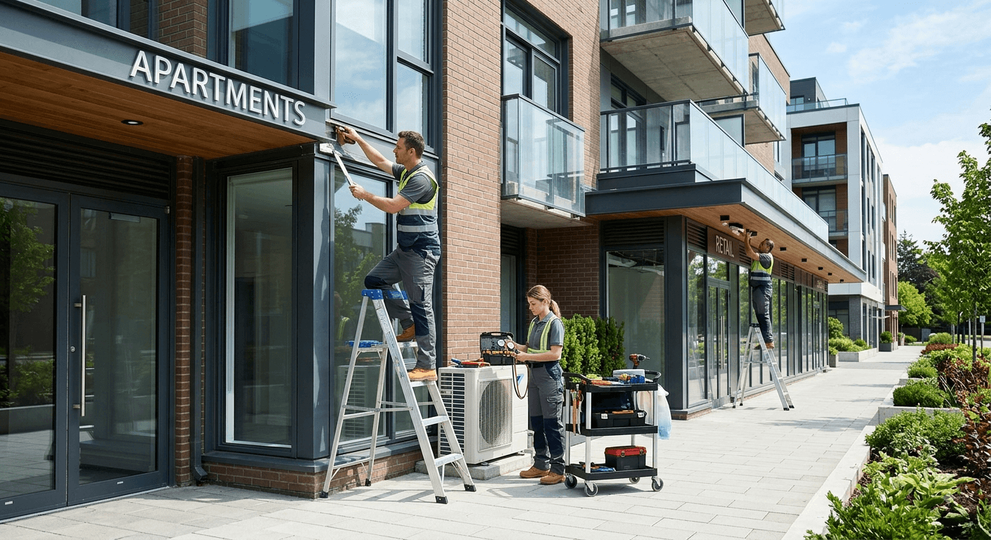 Jimgos Construction maintenance engineers outside a London housing block
